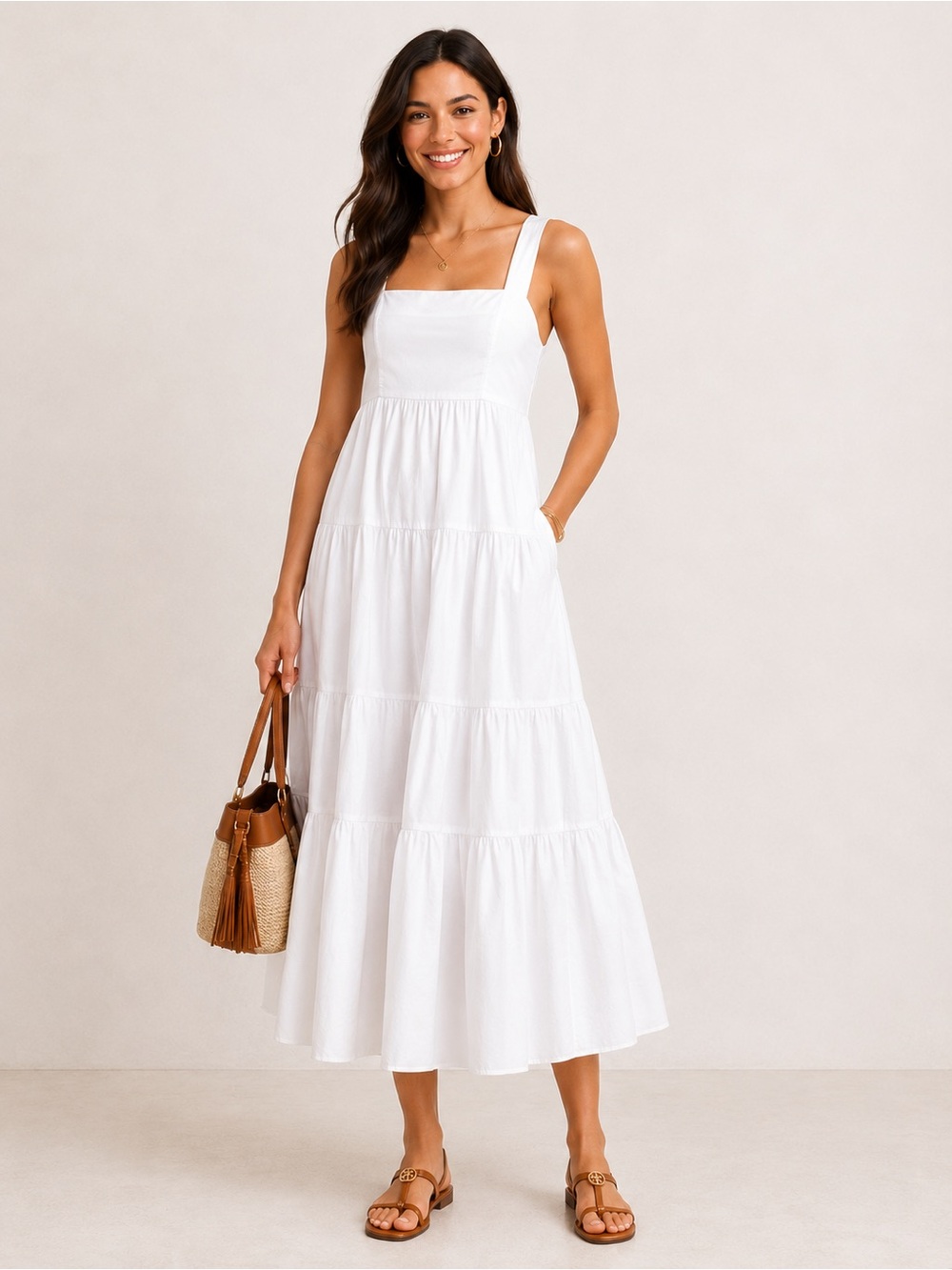 Michael Kors Cotton Poplin Tiered Midi Sundress Square Neck White M NWT
